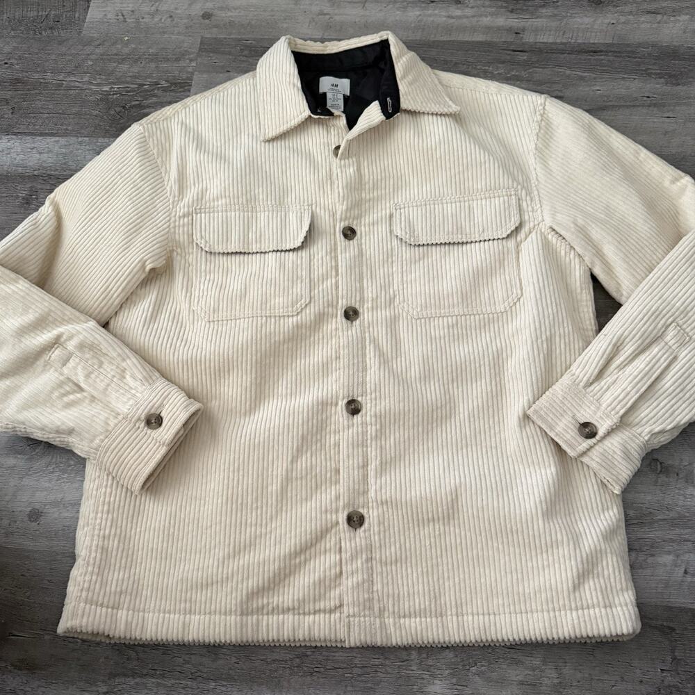 H&M Loose Fit Corduroy Jacket Mens Sz Medium Cream Beige Quilt-Lined Button Up